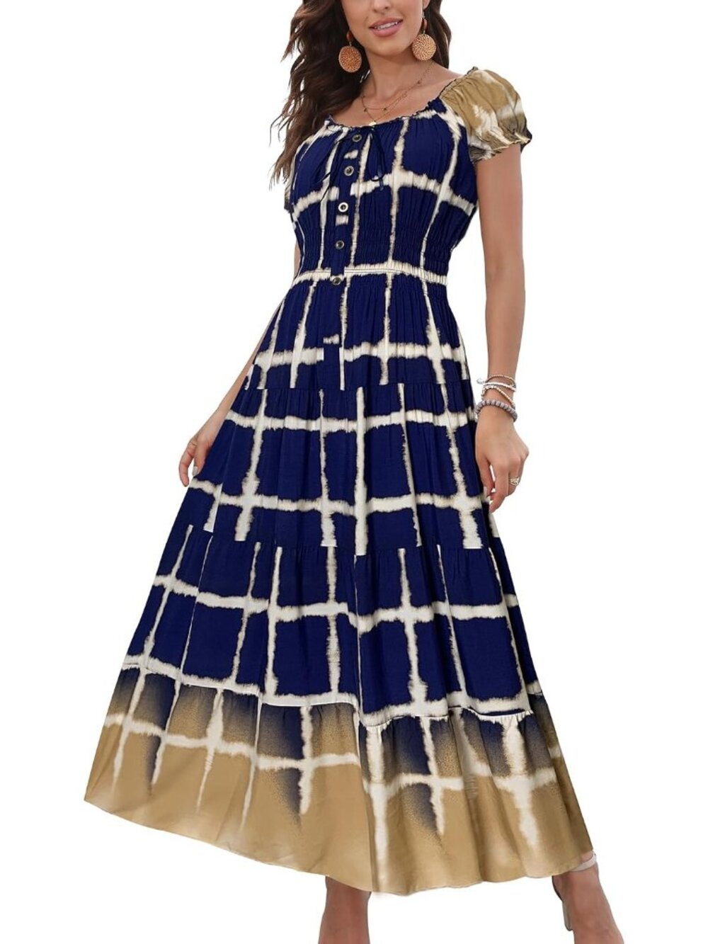 Women's Blue Boho Plaid Tie-Dye Smocked Tiered Short Sleeves Summer Maxi Dress